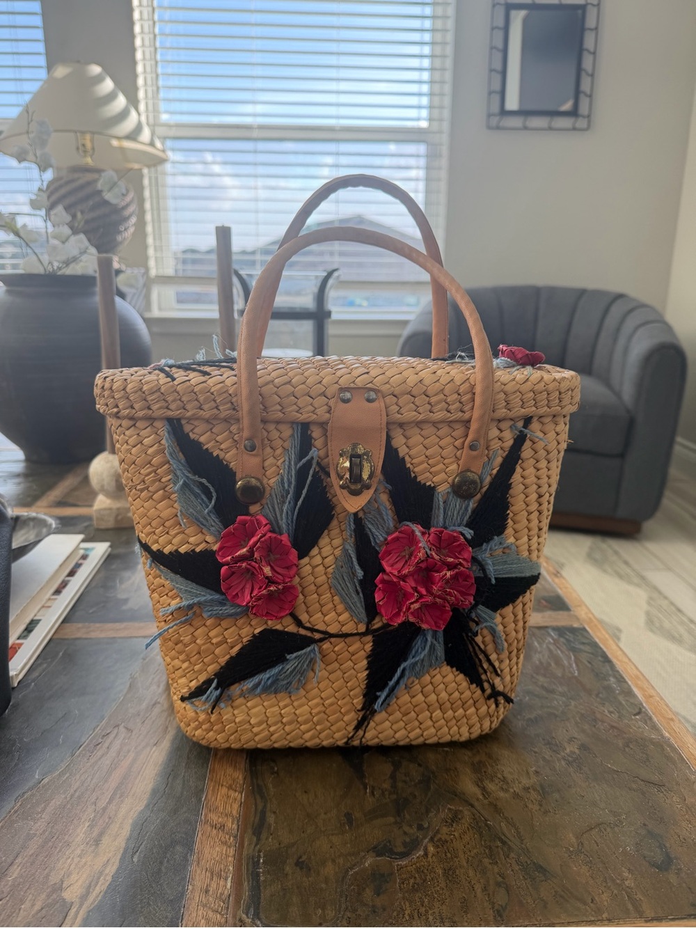 Handwoven Straw Floral Tote Bag | Boho Wicker Basket Purse